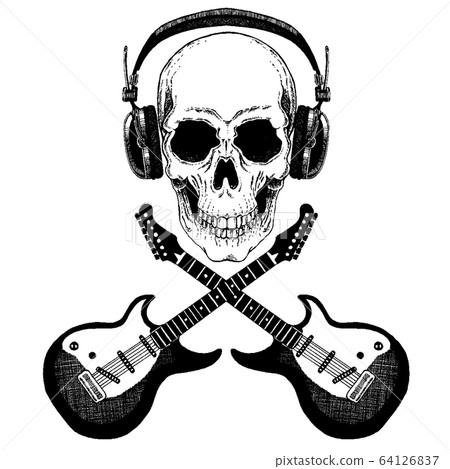 Vector skull in headphones with guitars. Logo for shirt, musical online school, internet education, tattoo, poster. 64126837
