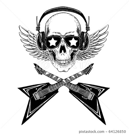 Vector skull in headphones with guitars. Logo for shirt, musical online school, internet education, tattoo, poster. Vector skull in headphones with guitars. Logo for shirt, musical online school, internet education, tattoo, poster. 64126850