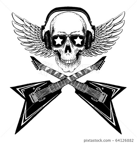 Vector skull in headphones with guitars. Logo for shirt, musical poster 64126882
