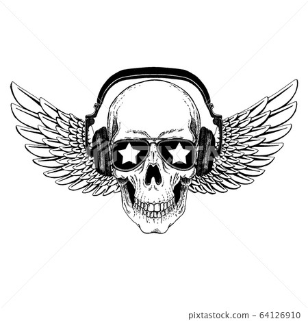 Vector skull in headphones with wings. Logo for shirt, musical poster 64126910