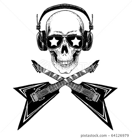 Vector skull in headphones with guitars. Logo for shirt, musical online school, internet education, tattoo, poster. 64126979