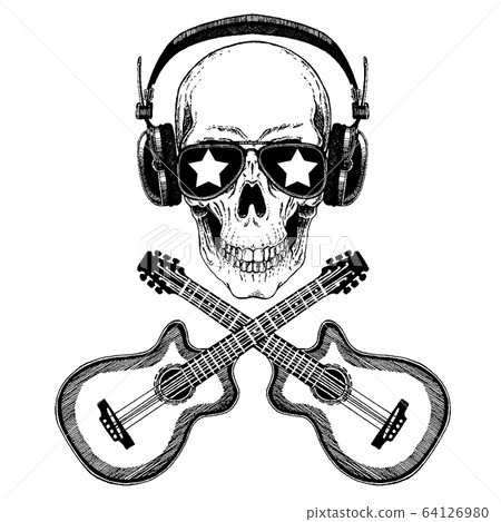 Vector skull in headphones with guitars. Logo for shirt, musical online school, internet education, tattoo, poster. 64126980