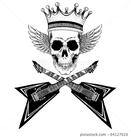 Vector skull with wings in crown with guitars. Logo for shirt, musical poster 64127028