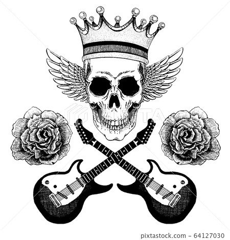 Vector skull with wings in crown with guitars. Logo for shirt, musical poster Vector skull with wings in crown with guitars. Logo for shirt, musical poster 64127030