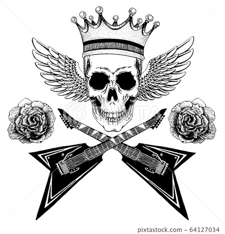 Vector skull with wings in crown with guitars. Logo for shirt, musical poster 64127034