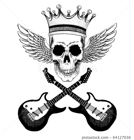 Vector skull with wings in crown with guitars. Logo for shirt, musical poster 64127036