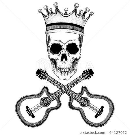 Vector skull with crown with guitars. Logo for shirt, musical poster Vector skull with crown with guitars. Logo for shirt, musical poster 64127052