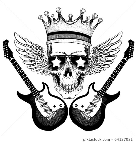 Vector skull with wings in crown with guitars. Logo for shirt, musical poster 64127081