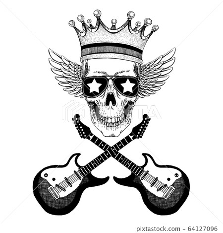 Vector skull with wings in crown with guitars. Logo for shirt, musical poster Vector skull with wings in crown with guitars. Logo for shirt, musical poster 64127096