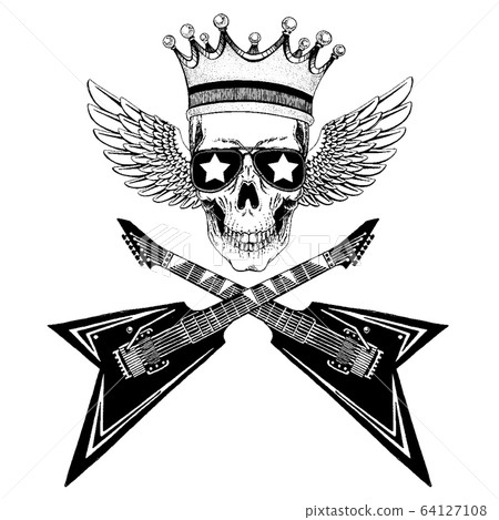 Vector skull with wings in crown with guitars. Logo for shirt, musical poster Vector skull with wings in crown with guitars. Logo for shirt, musical poster 64127108