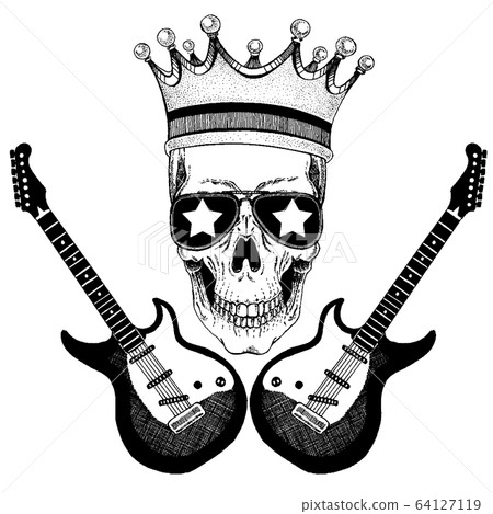 Vector skull in crown with guitars. Logo for shirt, musical poster 64127119