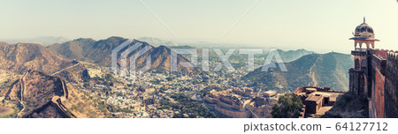 Jaipur in Aravali hills, wide panorama, India Jaipur in Aravali hills, wide panorama, India 64127712