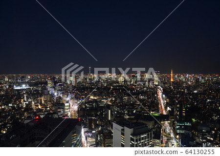 Tokyo city night view, Sky Tree and Tokyo Tower (taken from Shibuya Scramble Square) Tokyo city night view, Sky Tree and Tokyo Tower (taken from Shibuya Scramble Square) 64130255