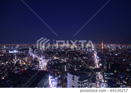 Tokyo city night view, Sky Tree and Tokyo Tower (taken from Shibuya Scramble Square) Tokyo city night view, Sky Tree and Tokyo Tower (taken from Shibuya Scramble Square) 64130257