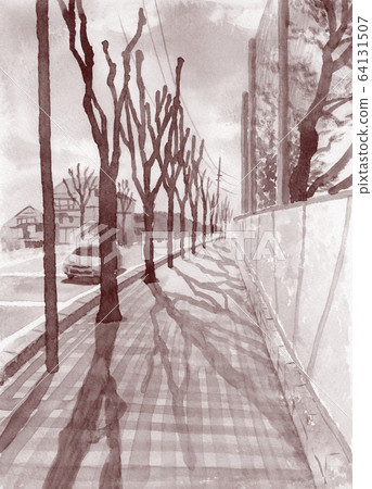 水彩畫的冬季綠樹成蔭的道路 64131507