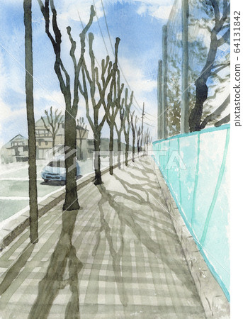 Winter tree-lined road painted by watercolor 64131842