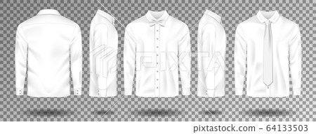 Blank male White shirt with tie and bow tie template isolated. Realistic Men shirt with long sleeves front, side, back view. Vector illustration 64133503