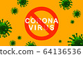 Text coronavirus in Stop sign on the yellow background with copy space. Green virus strain model of COVID. Virus Pandemic Protection Concept. Microscope virus 2019-nCov, for banner, 3D rendering 64136536
