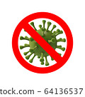 Green virus strain model of coronavirus in Stop sign on the white background. The concept of the epidemic of the Covid. Microscope virus 2019-nCov. Stop pandemic, prohibition sign, 3D rendering 64136537