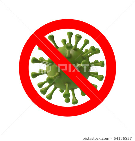 Green virus strain model of coronavirus in Stop sign on the white background. The concept of the epidemic of the Covid. Microscope virus 2019-nCov. Stop pandemic, prohibition sign, 3D rendering Green virus strain model of coronavirus in Stop sign on the white background. The concept of the epidemic of the Covid. Microscope virus 2019-nCov. Stop pandemic, prohibition sign, 3D rendering 64136537