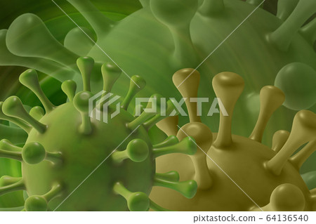 Green virus strain model of coronavirus or the other virus. The concept of the epidemic of the Covid. Microscope virus 2019-nCov, 3D rendering Green virus strain model of coronavirus or the other virus. The concept of the epidemic of the Covid. Microscope virus 2019-nCov, 3D rendering 64136540