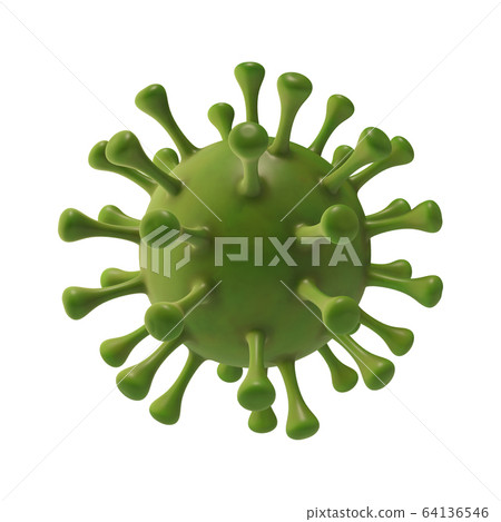 Green virus strain model of coronavirus or the other virus isolated on the white background. The concept of the epidemic of the Covid. Microscope virus 2019-nCov, 3D rendering Green virus strain model of coronavirus or the other virus isolated on the white background. The concept of the epidemic of the Covid. Microscope virus 2019-nCov, 3D rendering 64136546