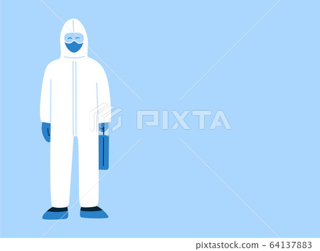 Vector illustration in flat style with empty place for text. Stop novel coronavirus COVID-19 concept. Doctor, medical staff wearing white hazmat suit and mask. Poster, banner, brochure 64137883