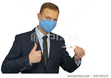 The man in a medical mask and with thermometer showing thumb up because temperature 36.6 64138325