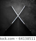 Two katanas with crossed blades in dramatic smoke 64138511