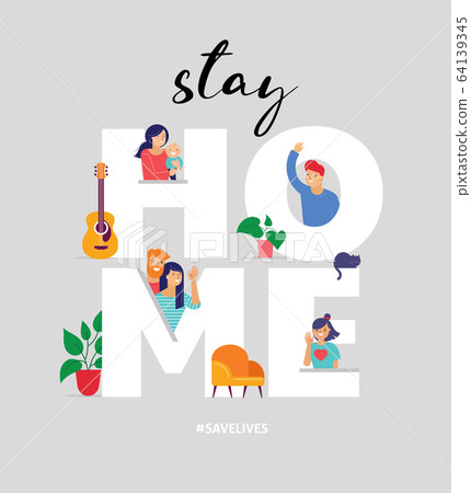 Stay at home, concept design. Different types of people look out and communicate with their 64139345