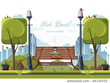 A plastic cup on a bench in a city park 64139350
