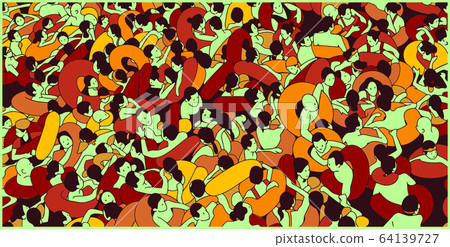 Detailed illustration of overly crowded swimming pool, beach people bathing and enjoying summer holiday 64139727