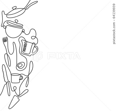 Continuous one line drawing of different kitchen utensils. Black and white cutlery line art background. Continuous one line drawing of different kitchen utensils. Black and white cutlery line art background. 64139939