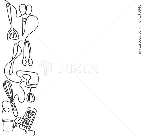 Continuous one line drawing of different kitchen utensils. Black and white cutlery line art background. Continuous one line drawing of different kitchen utensils. Black and white cutlery line art background. 64139940