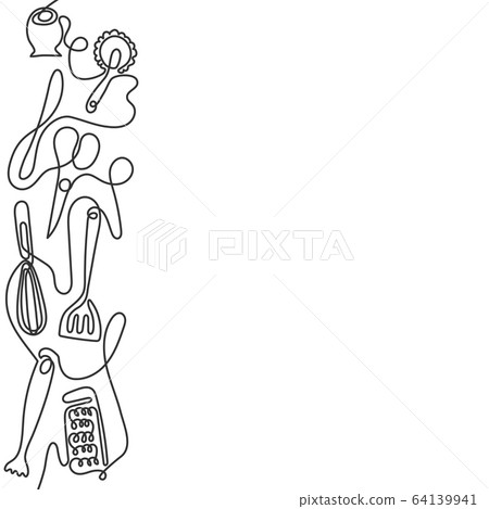 Continuous one line drawing of different kitchen utensils. Black and white cutlery line art background. 64139941