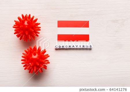 Abstract virus strain model of 2019-nCoV middle East respiratory syndrome coronavirus or coronavirus COVID-19 with text and flag Austria on white background. Virus pandemic protection concept. Abstract virus strain model of 2019-nCoV middle East respiratory syndrome coronavirus or coronavirus COVID-19 with text and flag Austria on white background. Virus pandemic protection concept. 64141276
