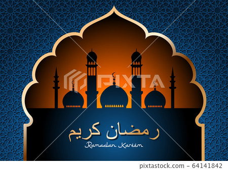 Luxury Ramadan Kareem vector template with silhouettes of mosques and minarets on sunset sky in golden arabic arch on royal blue background with girih traditional ornament. Arabic text translation Ram 64141842