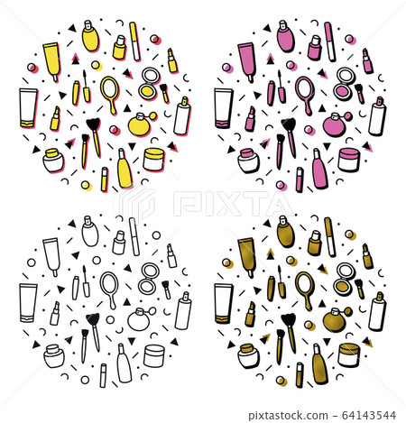 Beauty products concept theme. Cosmetics round print set. Circle with lipstick, mascara, perfume, eyeshadows. Makeup and beauty care template for shops in memphis line style. Beauty products concept theme. Cosmetics round print set. Circle with lipstick, mascara, perfume, eyeshadows. Makeup and beauty care template for shops in memphis line style. 64143544