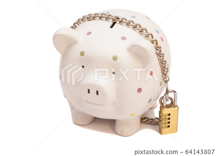 Piggy bank padlocked with chains and padlock 64143807