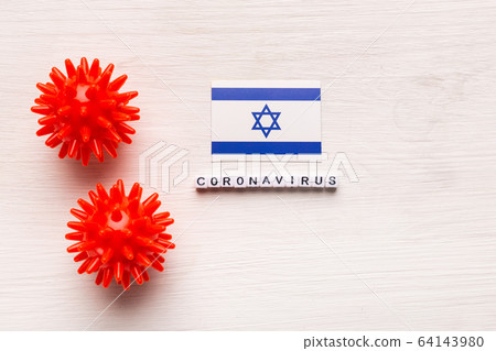 Abstract virus strain model of 2019-nCoV middle East respiratory syndrome coronavirus or coronavirus COVID-19 with text and flag Israel on white background. Virus pandemic protection concept. Abstract virus strain model of 2019-nCoV middle East respiratory syndrome coronavirus or coronavirus COVID-19 with text and flag Israel on white background. Virus pandemic protection concept. 64143980