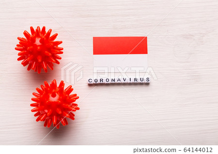Abstract virus strain model of 2019-nCoV middle East respiratory syndrome coronavirus or coronavirus COVID-19 with text and flag Indonesia on white background. Virus pandemic protection concept. 64144012