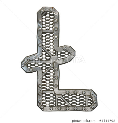 Mechanical alphabet made from rivet metal with gears on white background. Symbol litecoin. 3D 64144798