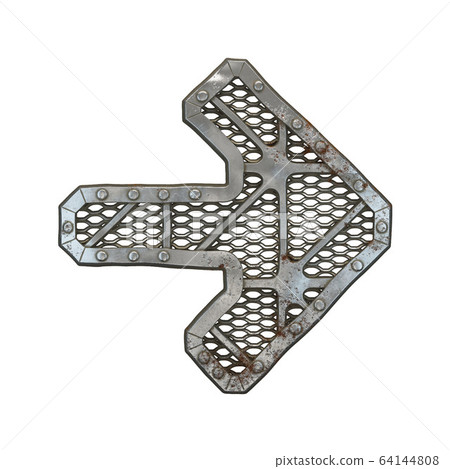 Mechanical alphabet made from rivet metal with gears on white background. Symbol right arrow. 3D Mechanical alphabet made from rivet metal with gears on white background. Symbol right arrow. 3D 64144808