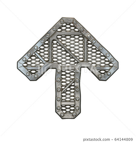 Mechanical alphabet made from rivet metal with gears on white background. Symbol up arrow. 3D 64144809