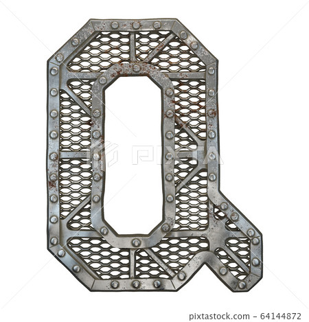 Mechanical alphabet made from rivet metal with gears on white background. Letter Q. 3D 64144872