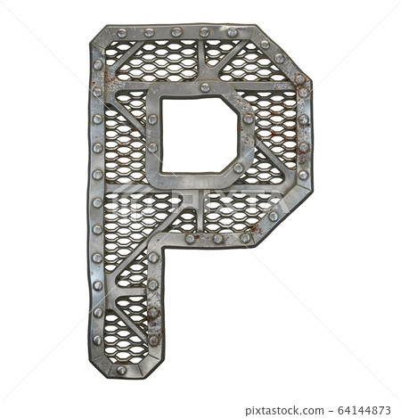 Mechanical alphabet made from rivet metal with gears on white background. Letter P. 3D 64144873