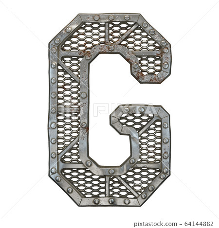 Mechanical alphabet made from rivet metal with gears on white background. Letter G. 3D Mechanical alphabet made from rivet metal with gears on white background. Letter G. 3D 64144882