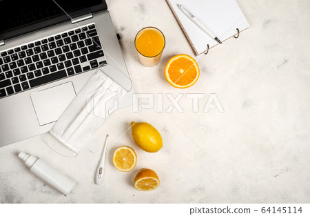 Stay at home. Online work and education in conditions of quarantine. Copy space for text. Top view. 64145114