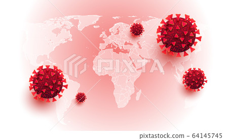 3D realistic liquid coronavirus cells on a world 64145745