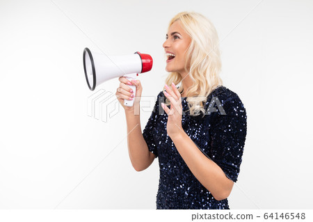 blond girl with a loudspeaker in hand screaming about discounts sideways on a white background 64146548